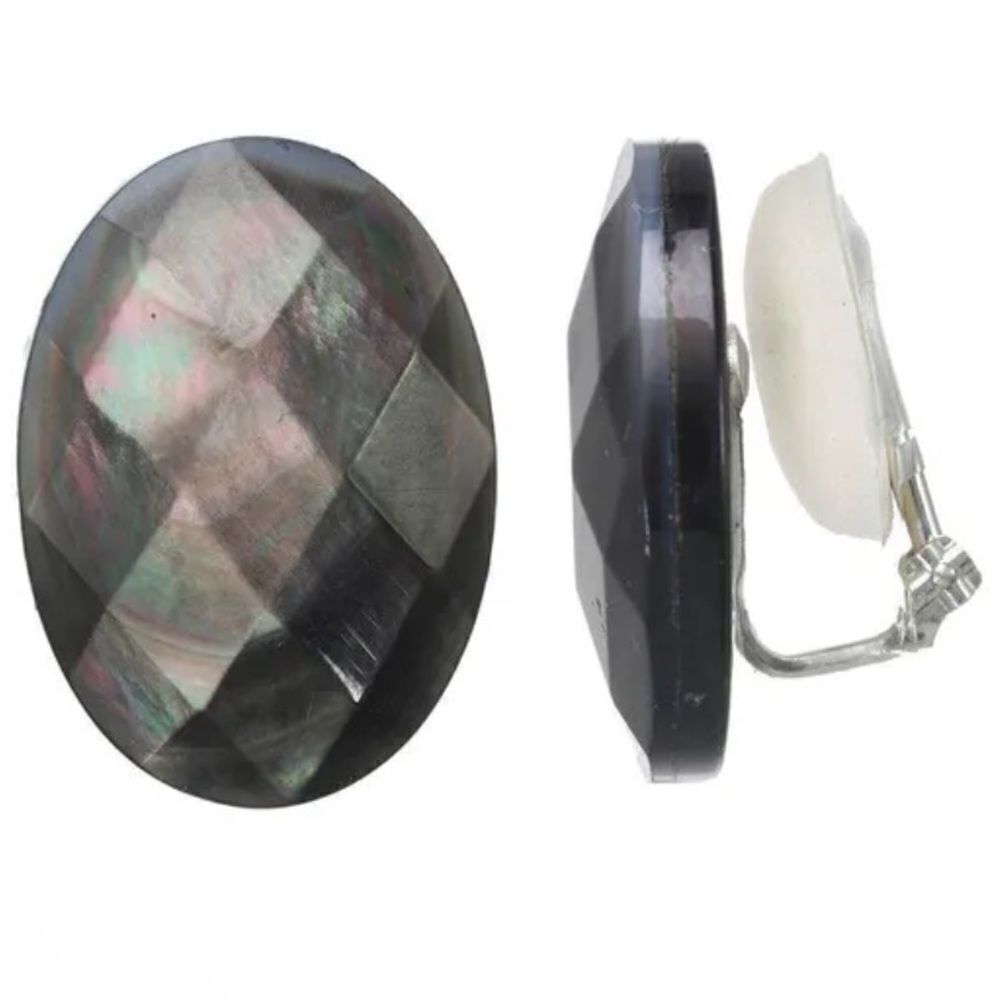 NWT New Margo Morrison Gunmetal/Gray/Silver Abalone Faceted Clip-On Earrings